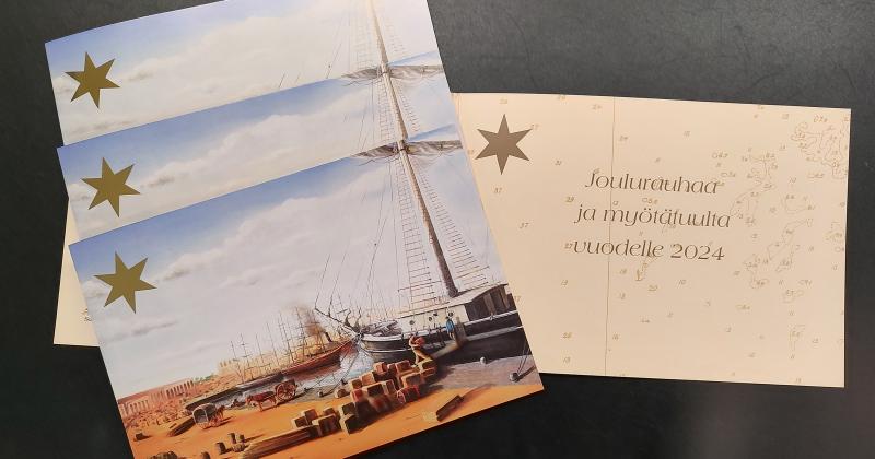 Uudenkaupungin merihistoriallisen yhdistyksen joulukorttikuva vuodelle 2023 hyvän joulun ja uuden vuoden toivotuksineen.